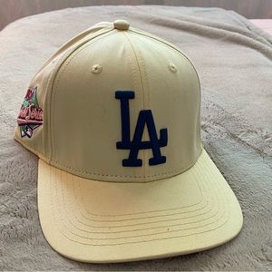LA dodgers creme colored SnapBack hat with pink bill